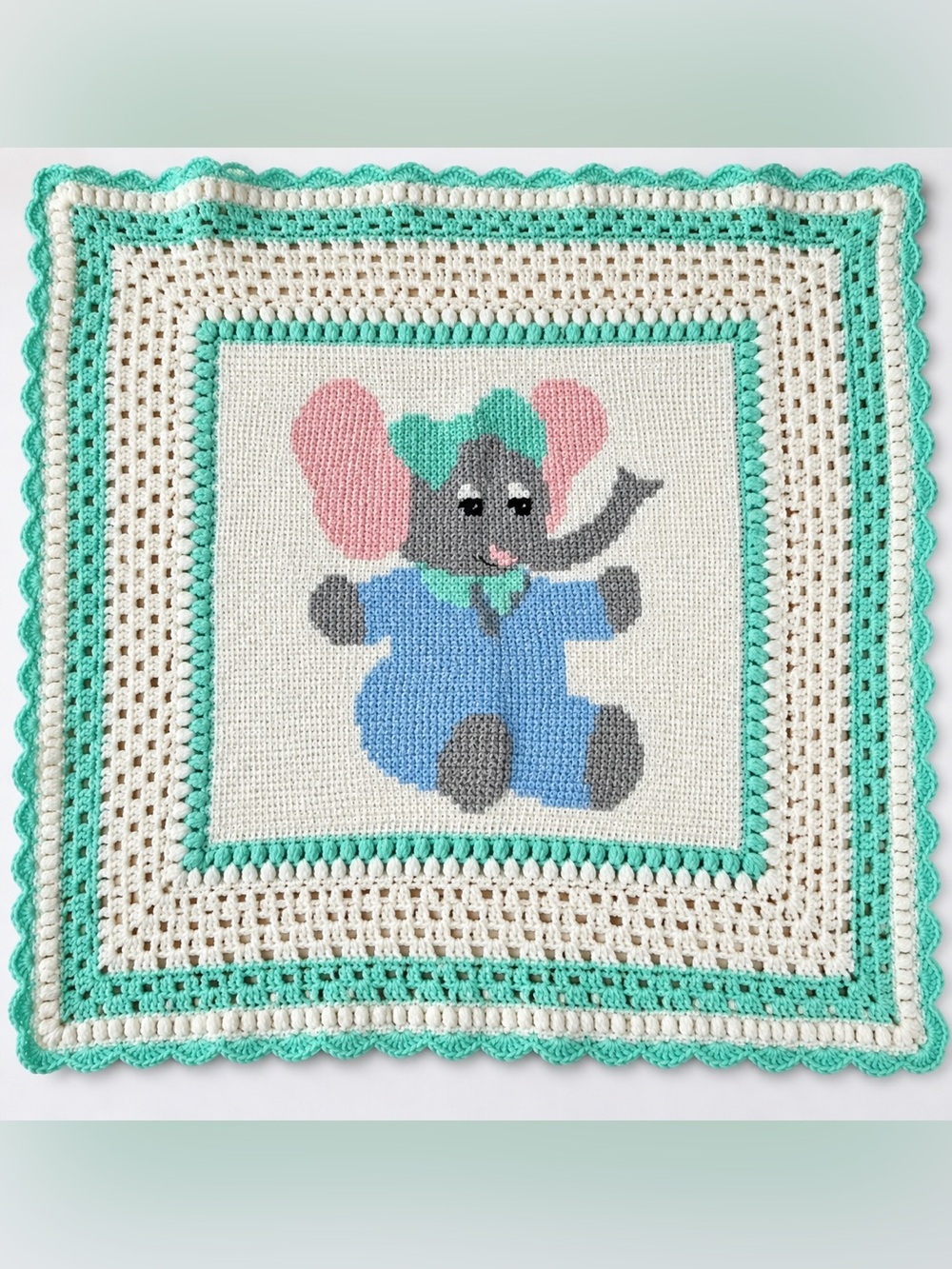 Handmade Crochet Baby Blanket Elephant Nursery Afghan 32” x 32” Mint Pink Blue